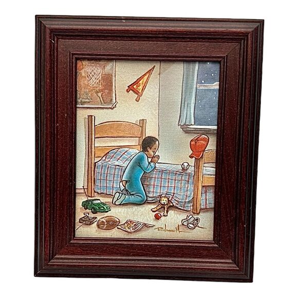 WOODRUM "BOY PRAYING " AFRICAN AMERICAN ON CANVAS PAINTING 12 X 14 FRAMED - Picture 1 of 4